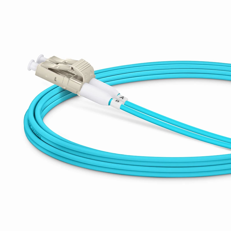 SFPS 2m (7ft) Fiber Patch Cable, 2 Fibers, Short Boot, LC UPC Duplex to LC UPC Duplex, Multimode (OM4), Riser (OFNR), 2.0mm, Tight-Buffered, Aqua