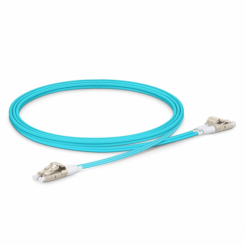 SFPS 1m (3ft) Fiber Patch Cable, 2 Fibers, Short Boot, LC UPC Duplex to LC UPC Duplex, Multimode (OM4), Riser (OFNR), 2.0mm, Tight-Buffered, Aqua