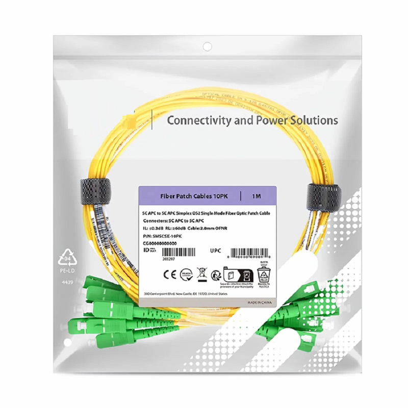 SFPS 1m (3ft) Fiber Patch Cable, 1 Fiber, SC APC Simplex to SC APC Simplex, Single Mode (OS2), Riser (OFNR), 2.0mm, Tight-Buffered, Yellow, 10 Pcs/Pack