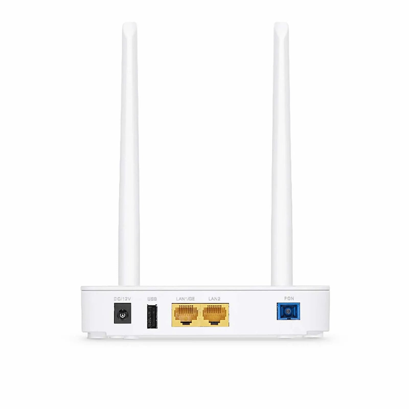 SFPS ONU1910-1GF-W, XPON (GPON + EPON) ONU, with 1 x PON, 1 x GE, 1 x FE, 1 x USB, and 2 x External Antennas (2.4GHz, 300Mbps WiFi 4)