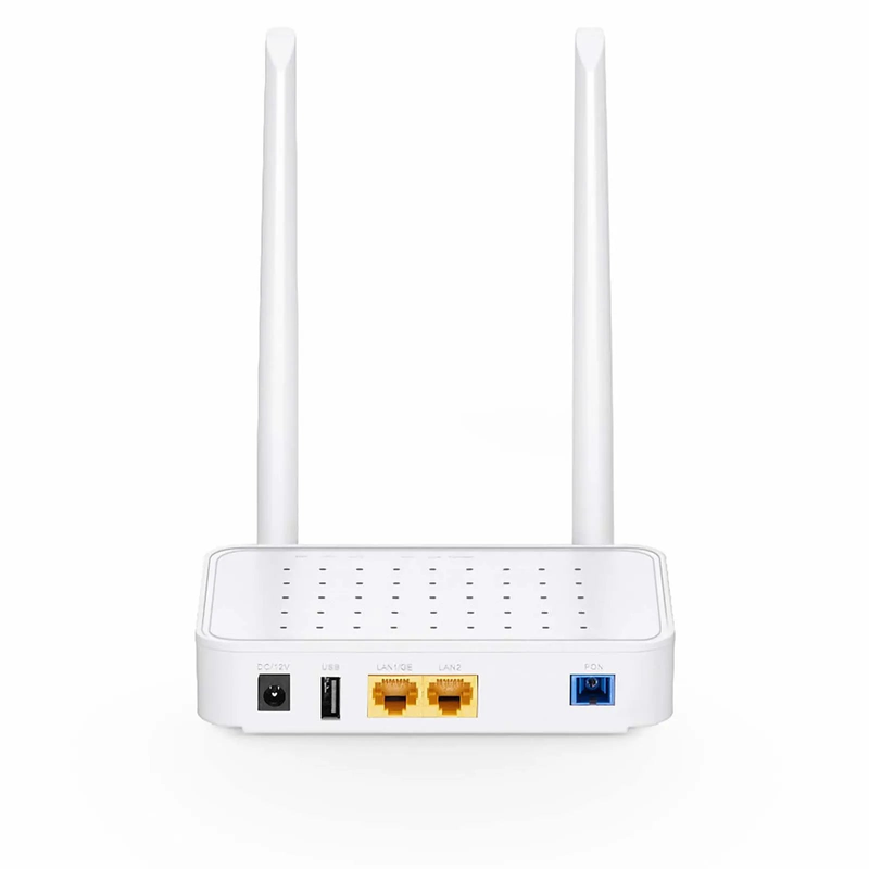 SFPS ONU1910-1GF-W, XPON (GPON + EPON) ONU, with 1 x PON, 1 x GE, 1 x FE, 1 x USB, and 2 x External Antennas (2.4GHz, 300Mbps WiFi 4)