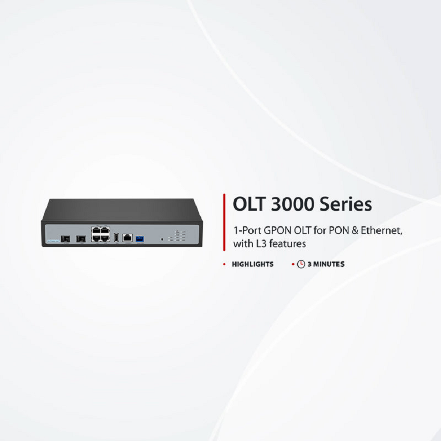 SFPS OLT3000-1GP, Single-Port Mini GPON OLT with 1x 10G SFP+, 1x GPON/XG(S)PON Uplink Ports, 4x GE Downlink Ports, AC/DC Power Supply