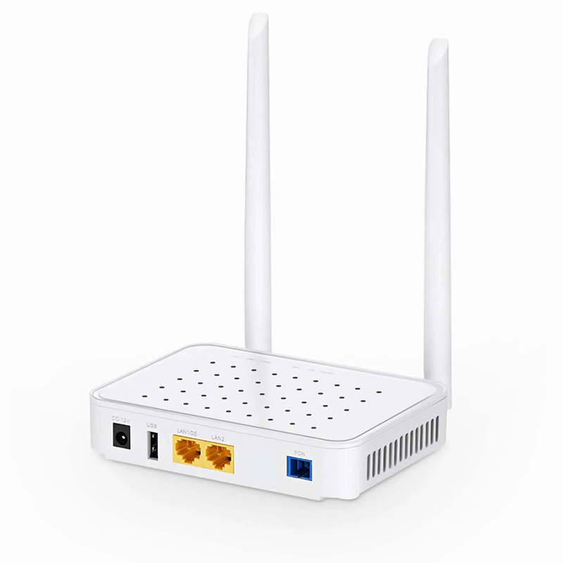 SFPS ONU1910-1GF-W, XPON (GPON + EPON) ONU, with 1 x PON, 1 x GE, 1 x FE, 1 x USB, and 2 x External Antennas (2.4GHz, 300Mbps WiFi 4)