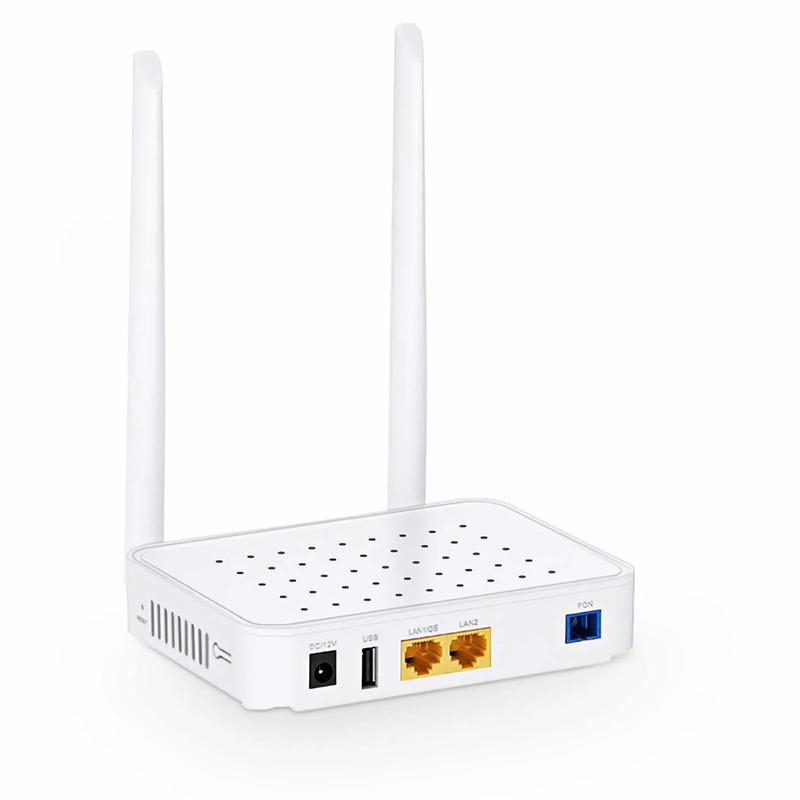 SFPS ONU1910-1GF-W, XPON (GPON + EPON) ONU, with 1 x PON, 1 x GE, 1 x FE, 1 x USB, and 2 x External Antennas (2.4GHz, 300Mbps WiFi 4)