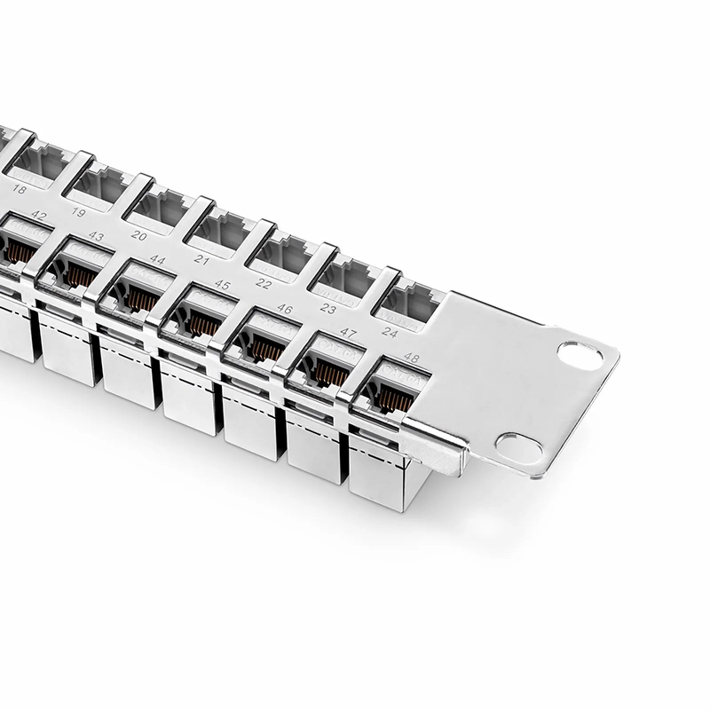 SFPS FDMP Cat6a Shielded Coupler Flat Patch Panel, 48-Port, 1RU, Cable Management Bar Included