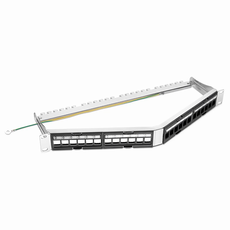 SFPS FDMP Blank Shielded/UnShielded Angled Recessed Patch Panel for Keystone Modules, 24-Port, 1RU, Cable Management Bar Included, Black
