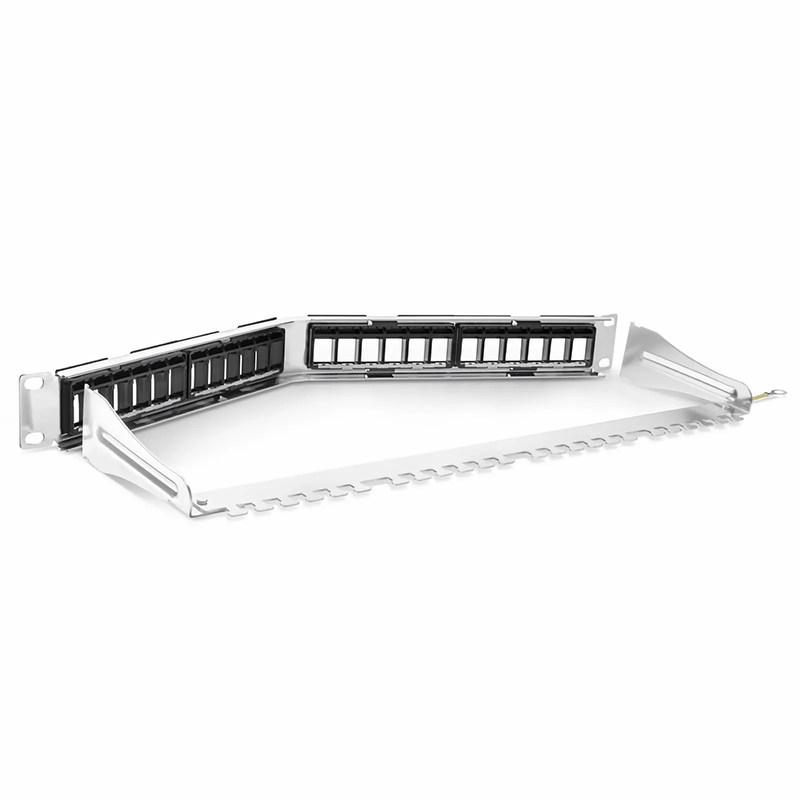 SFPS FDMP Blank Shielded/UnShielded Angled Recessed Patch Panel for Keystone Modules, 24-Port, 1RU, Cable Management Bar Included, Black