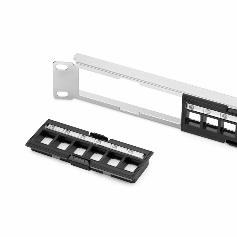 SFPS FDMP Blank Shielded/UnShielded Angled Recessed Patch Panel for Keystone Modules, 24-Port, 1RU, Cable Management Bar Included, Black