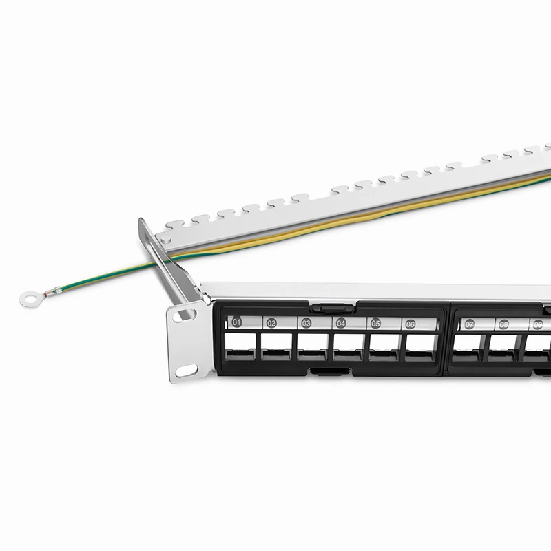 SFPS FDMP Blank Shielded/UnShielded Angled Recessed Patch Panel for Keystone Modules, 24-Port, 1RU, Cable Management Bar Included, Black