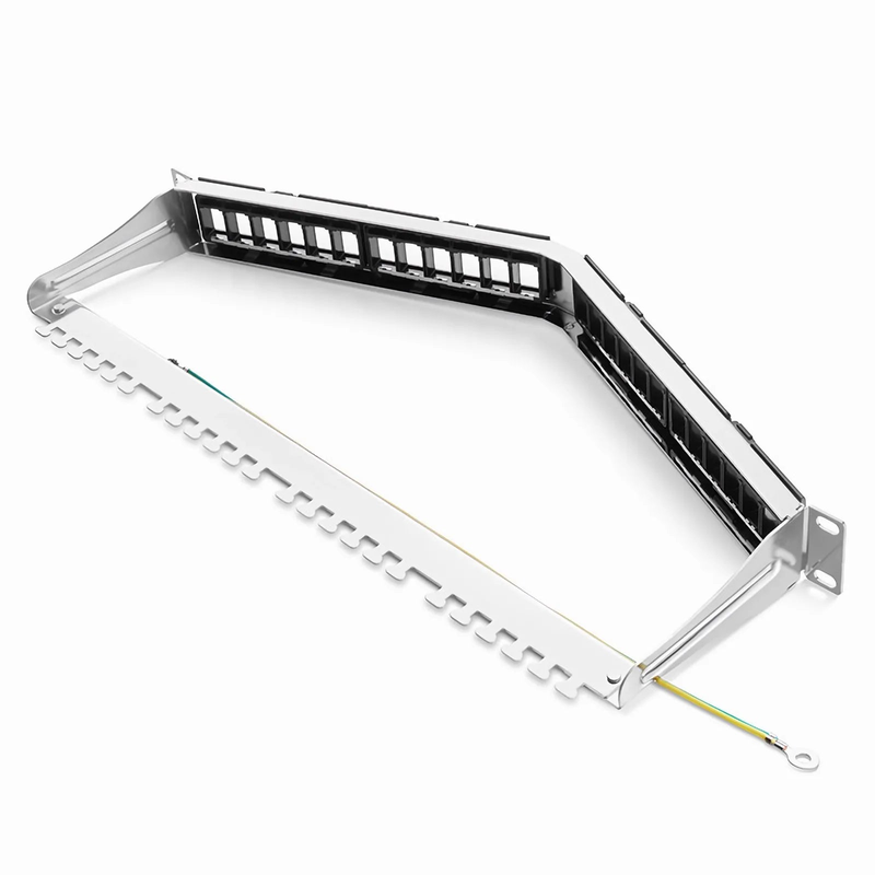 SFPS FDMP Blank Shielded/UnShielded Angled Recessed Patch Panel for Keystone Modules, 24-Port, 1RU, Cable Management Bar Included, Black