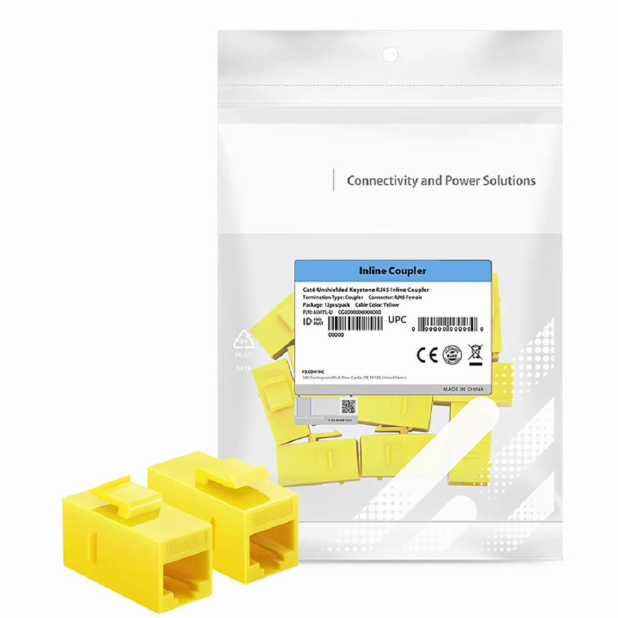SFPS Cat6 Keystone RJ45 Coupler, Unshielded, Female to Female Insert Inline Coupler - Yellow (12pcs/Pack)