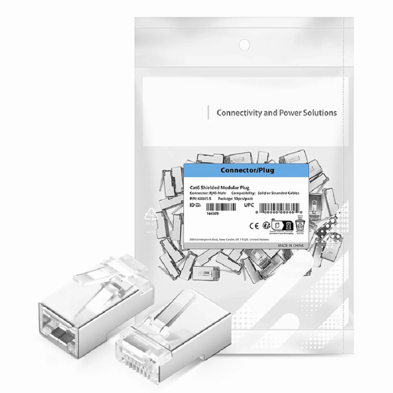 SFPS Cat6 RJ45 Pass Through Modular Plugs, Shielded Network Connectors for 24AWG Twisted Pair Solid or Stranded Cable (50/Pack)