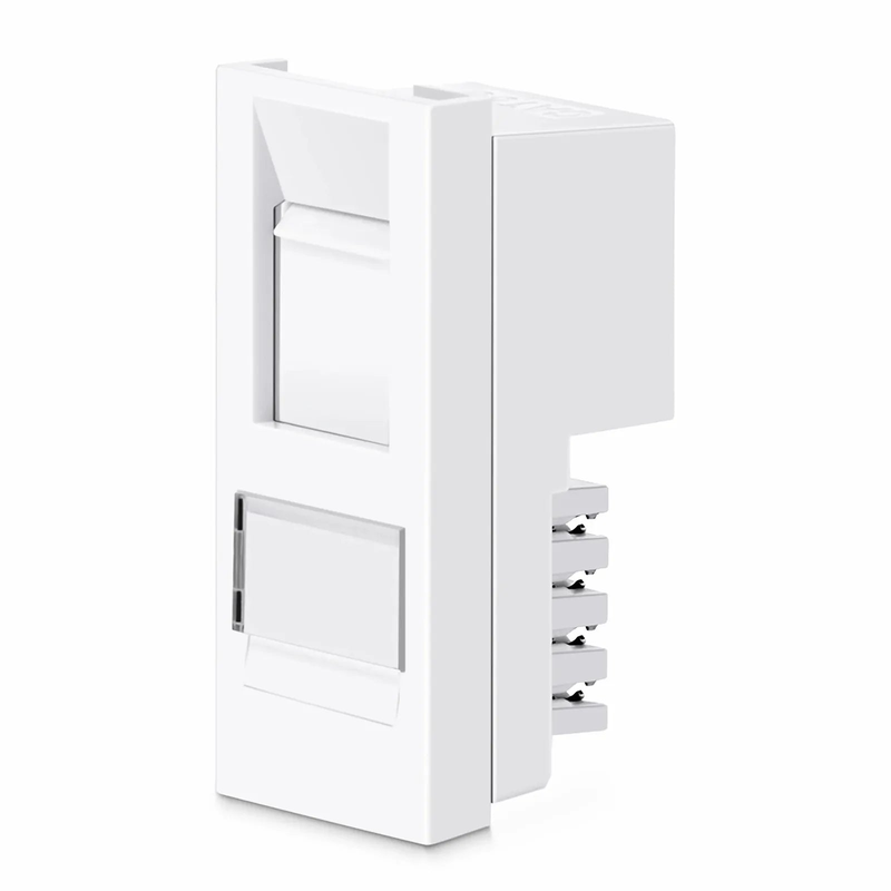 SFPS British-Style Cat6 Shuttered Faceplate Frame Insert, Label Pockets, Flat, 1 Port, White, 1.97'' x 0.98''