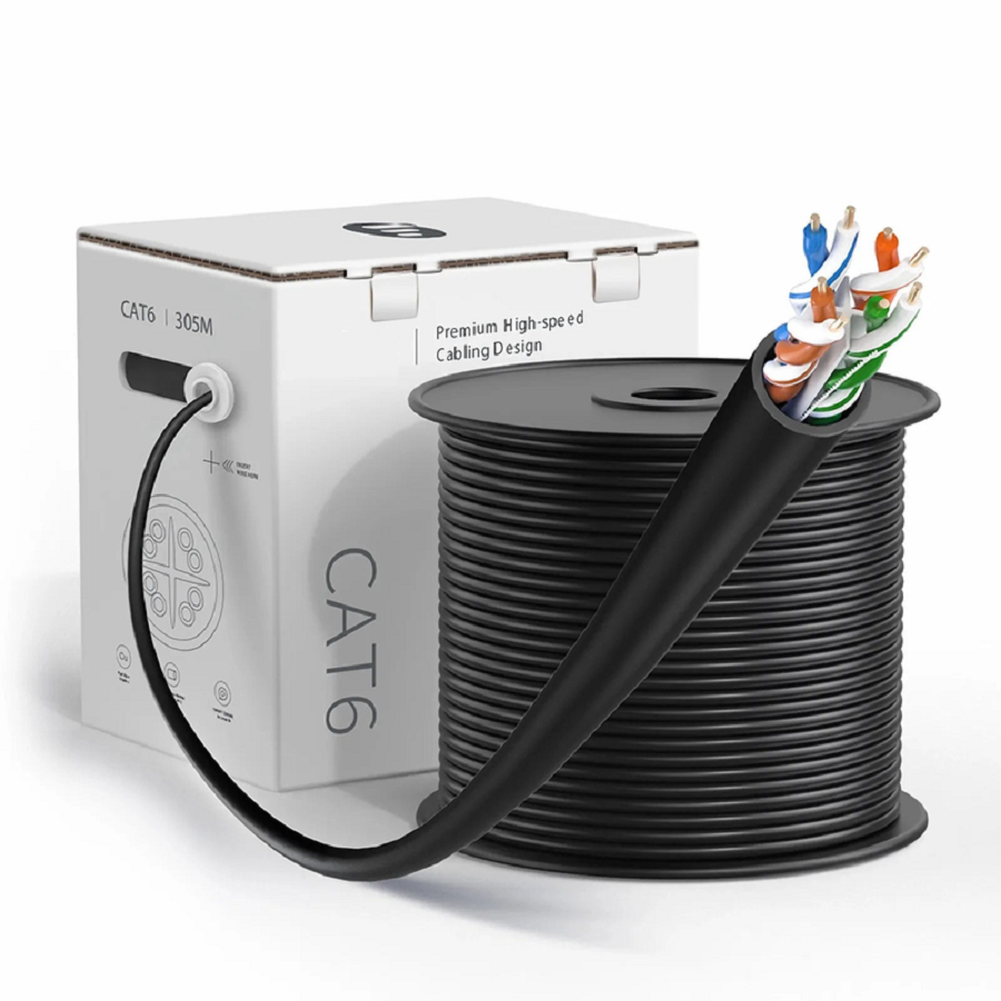 SFPS Cat6 Ethernet Bulk Cable, 1000ft (305m), UL Listed, 23AWG Solid Pure Bare Copper Wire, 550MHz, Unshielded (UTP), PVC CMR, with Reel (Black)