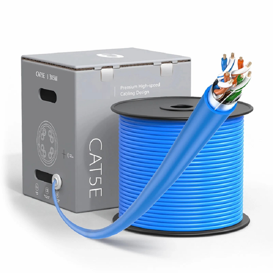 SFPS Cat5e Ethernet Bulk Cable, 1000ft (305m), UL Listed, 26AWG Stranded Pure Bare Copper Wire, 350MHz, Shielded (F/UTP), PVC CM, with Reel (Blue)