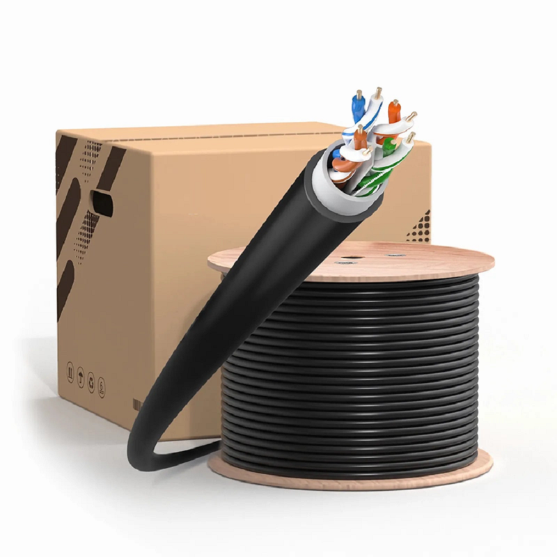 SFPS Cat5e Outdoor Direct Burial Cable, 1000ft (305m), 24AWG Solid Pure Bare Copper, 350MHz, Shielded (F/UTP), UV Rated PVC and LDPE Double Jackets, with Reel, Black