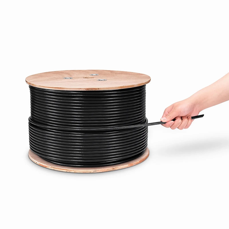 SFPS Cat5e Outdoor Direct Burial Cable, 1000ft (305m), 24AWG Solid Pure Bare Copper, 350MHz, Unshielded (UTP), UV Rated PVC and LDPE Double Jackets, with Reel, Black
