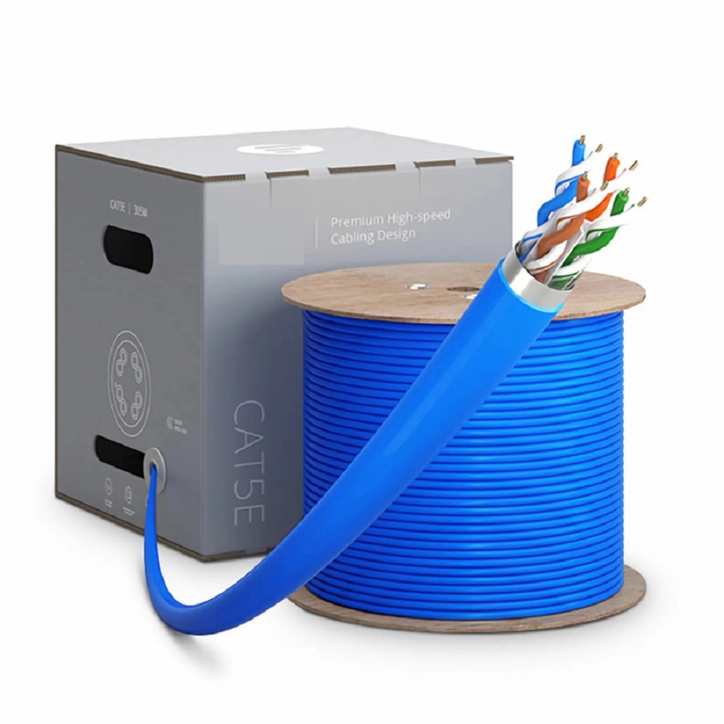 SFPS Cat5e Ethernet Bulk Cable, 1000ft (305m), 24AWG Solid Pure Bare Copper Wire, 350MHz, Shielded (F/UTP), PVC CMR, with Reel (Blue)