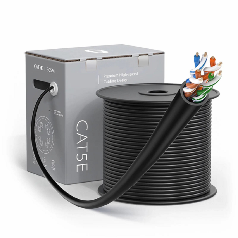 SFPS Cat5e Ethernet Bulk Cable, 1000ft (305m), UL Listed, 24AWG Stranded Pure Bare Copper Wire, 350MHz, Unshielded (UTP), PVC CM, with Reel (Black)