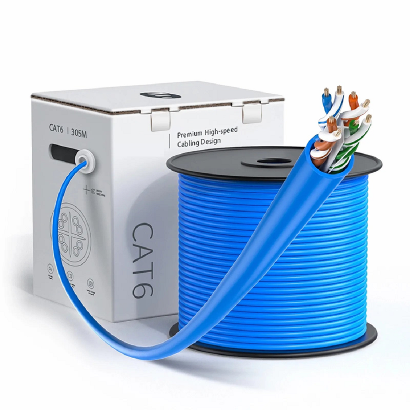 SFPS Cat6 Ethernet Bulk Cable, 1000ft (305m), UL Listed, 24AWG Stranded Pure Bare Copper Wire, 550MHz, Unshielded (UTP), PVC CM, with Reel (Blue)