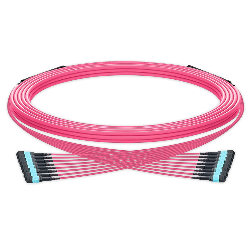 10m (33ft) Pre-terminated MPO trunk cable, 96 Fibers, 8 x MPO-12 UPC (Male) to 8 x MPO-12 UPC (Male) Multimode (OM4) Type B, LSZH（OFNR）, 0.35dB Max, Magenta, breakout 80cm SFPS