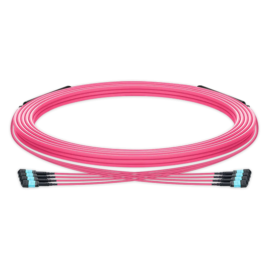 40m (131ft) Pre-terminated MPO trunk cable, 48 Fibers, 4 x MPO-12 UPC (Male) to 4 x MPO-12 UPC (Male) Multimode (OM4) Type B, LSZH（OFNR）, 0.35dB Max, Magenta, breakout 80cm SFPS