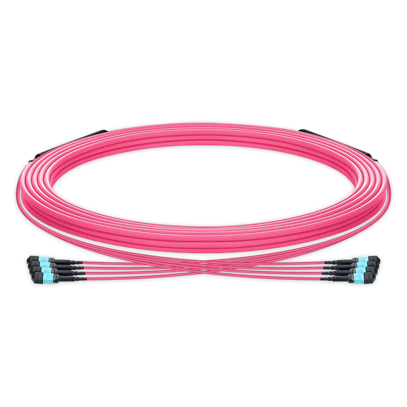 50m (164ft) Pre-terminated MPO trunk cable, 48 Fibers, 4 x MPO-12 UPC (Male) to 4 x MPO-12 UPC (Male) Multimode (OM4) Type B, LSZH（OFNR）, 0.35dB Max, Magenta, breakout 80cm SFPS