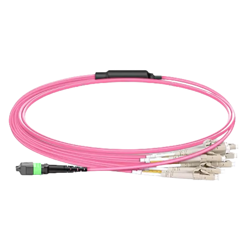 8m (26ft) MTP®-16 APC (Female) to 8x LC Duplex UPC Multimode (OM4) Harness Cable, Type B, LSZH, Magenta SFPS