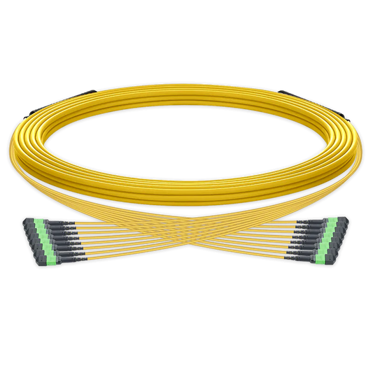 5m (16ft) Pre-terminated MPO trunk cable, 96 Fibers, 8 x MPO-12 APC (Male) to 8 x MPO-12 APC (Male) Single Mode (OS2) Type B, LSZH（OFNR）, 0.35dB Max, Yellow, breakout 80cm SFPS