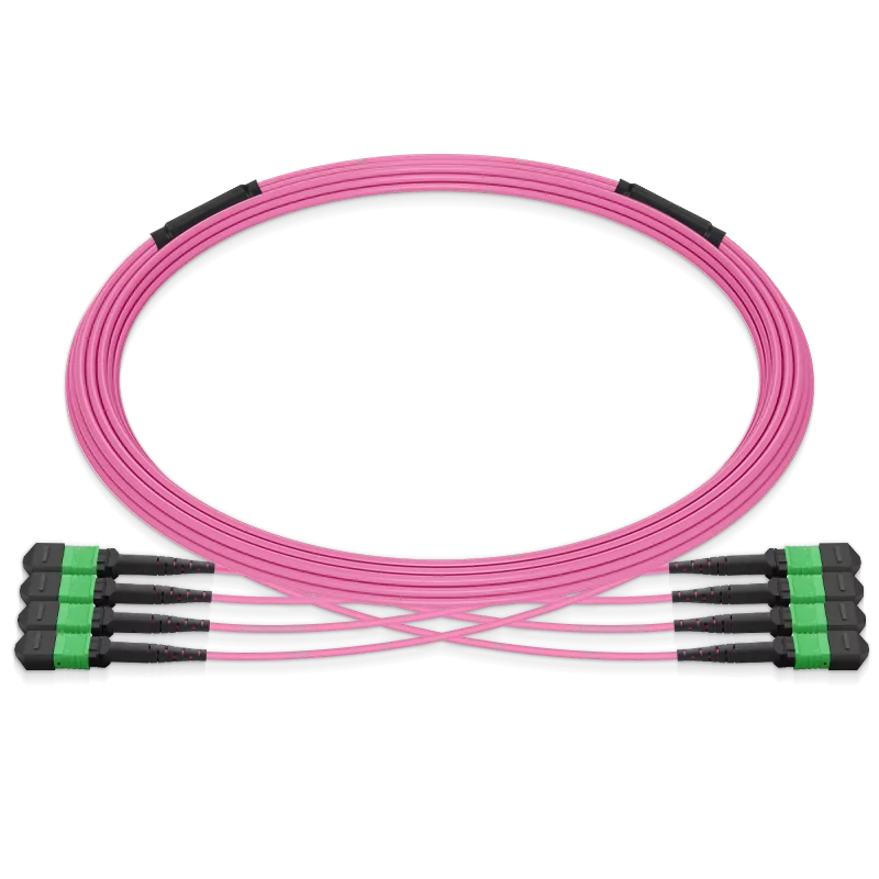 10m (33ft) Pre-terminated MPO 4x4 Shuffle Trunk Cable, 32 Fibers, 4xMPO-8 APC (Male) to 4xMPO-8 APC (Male), Multimode (OM4), Type 4, LSZH, 0.35dB Max, Breakout 80cm, Magenta SFPS