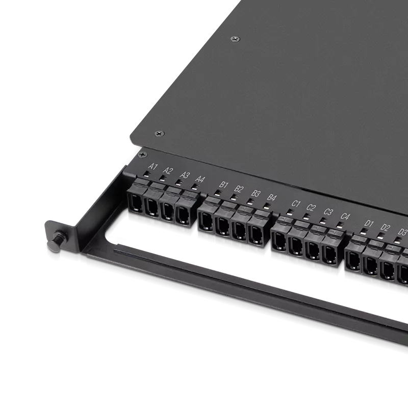 0.5U Rack Mount Enclosure Loaded with 32x8F MPO Adapter, Male to Male, 128 Fibers, OM4 Multimode, Type 4, 0.35dB Max. SFPS