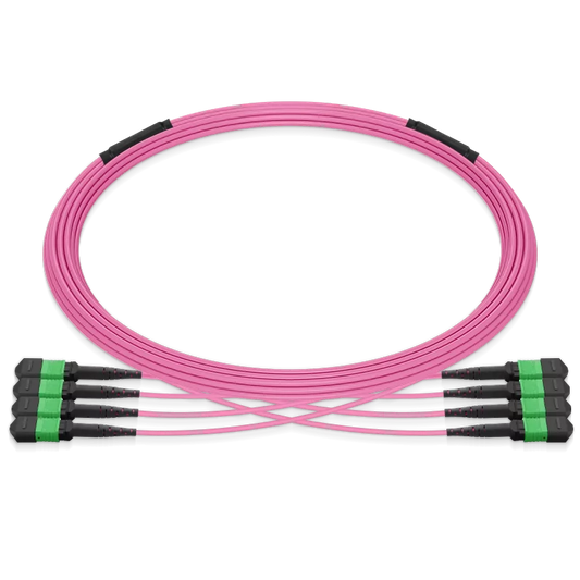 8m (26ft) Pre-terminated MPO 4x4 Shuffle Trunk Cable, 32 Fibers, 4xMPO-8 APC (Male) to 4xMPO-8 APC (Male), Multimode (OM4), Type 4, LSZH, 0.35dB Max, Breakout 80cm, Magenta SFPS