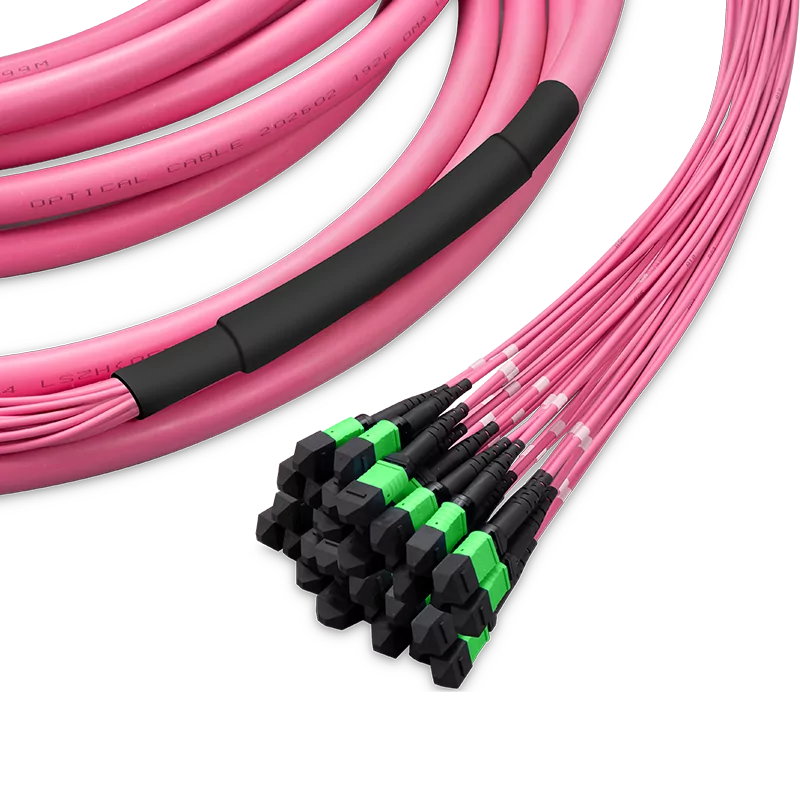 5m (16ft) Pre-terminated MPO 4x4 Shuffle Trunk Cable, 256 Fibers, 32xMPO-8 APC (Male) to 32xMPO-8 APC (Male), Multimode (OM4), Type 4, LSZH, 0.35dB Max, Breakout 80cm, Magenta SFPS
