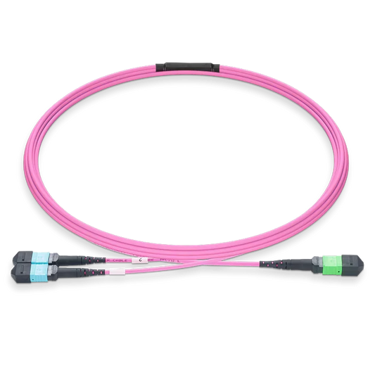 7m (23ft) MPO-16 APC (Female) to 2xMPO-8 UPC (Female) Multimode (OM4) Breakout, Type B, LSZH, 3.0mm, Max IL ≤ 0.35dB, Magenta SFPS
