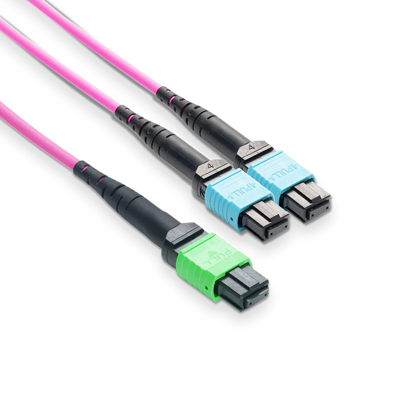20m (66ft) MPO-16 APC (Female) to 2xMPO-8 UPC (Female) Multimode (OM4) Breakout, Type B, LSZH, 3.0mm, Max IL ≤ 0.35dB, Magenta SFPS